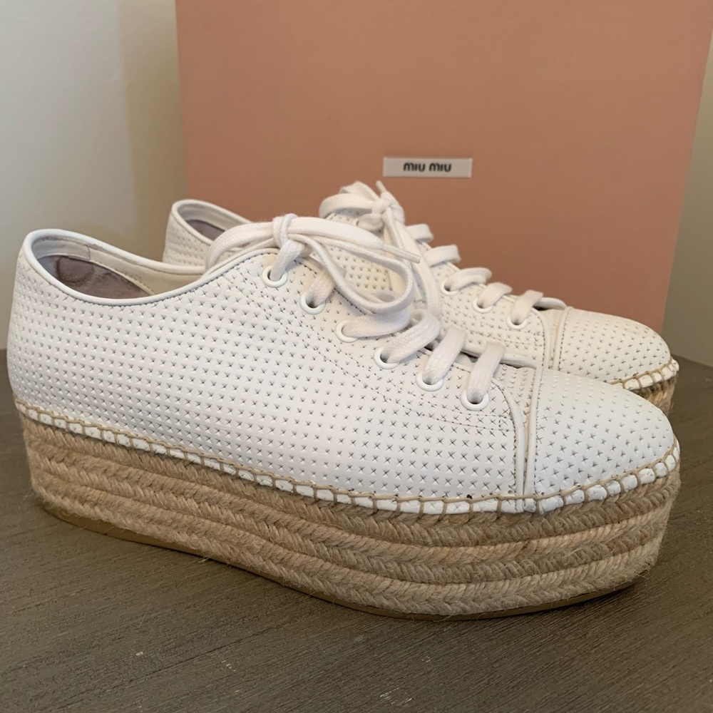 Miu Miu White Leather Perforated Platform Sneakers View 2